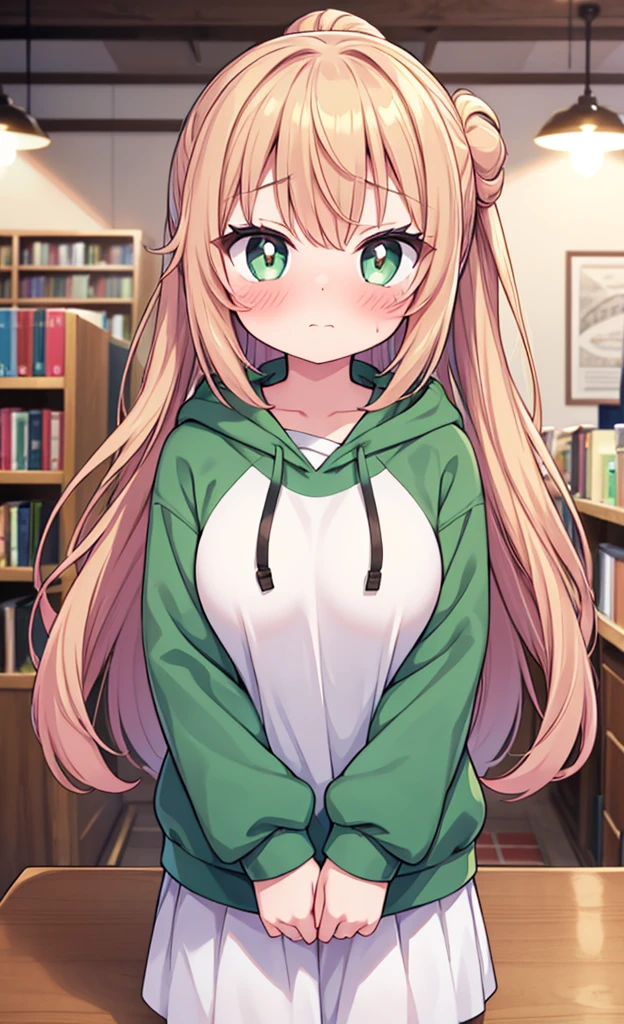 masterpiece,Highest quality,1 Girl,alone,blush with embarrassment,Pokémon-like art style,(bold:1.6),(flat:1.5), ogawa sumireko, white pupils, solo, hair up, black shirt, hood, green jacket, long sleeves, upper body, bookstore, indoors, depth of field, huge breasts, milf, mature female, breasts squeezed together, v arms, looking at viewer, embarrassed, blush