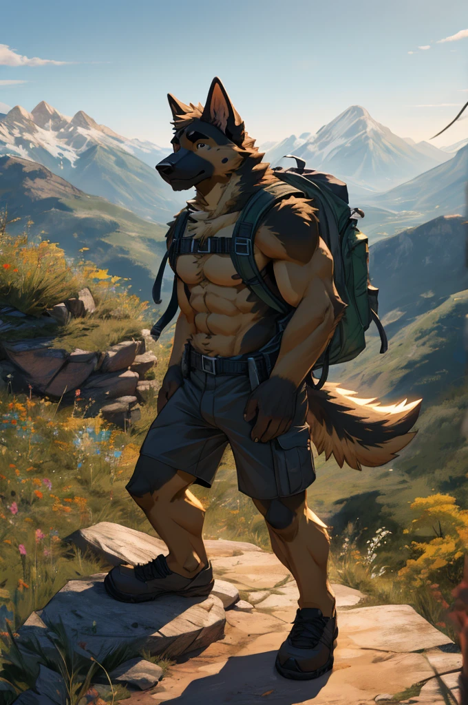 solo, male, german sheperd, mountains, hiking, naked, nude, nsfw, backpack