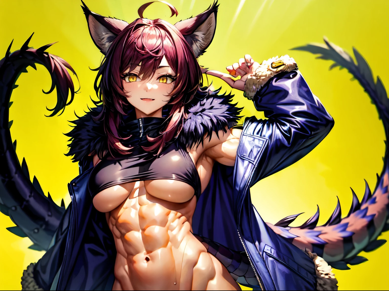 Muscle body girl with a long dragon tail, yellow eyes, Lynx ears, with fluffy jacket