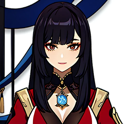 [a gorgeous, mature woman with a seductive smile and parted lips against a white background. She has sharp eyelashes, eyes browns, and long black hair with bangs. His figure is voluptuous, with a narrow waist, Broad Hips, and huge breasts. The image has an impact, Genshin-inspired style, rendered in high detail and HDR quality as a stunning work of art.