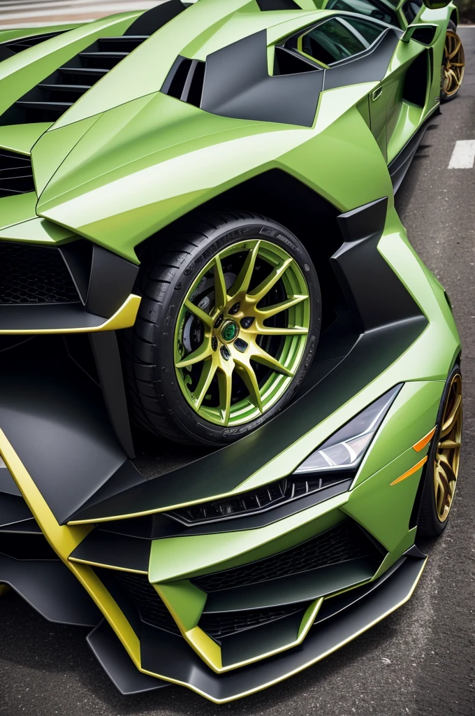 Make a Lamborghini Aventador svj in green and gold wheels 