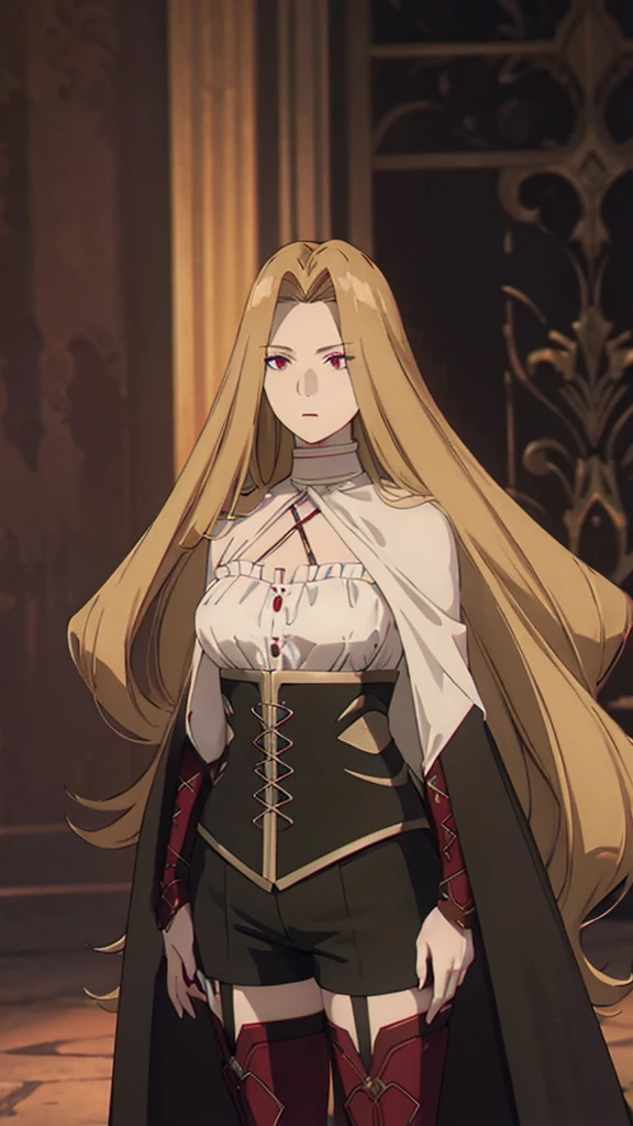 Portrait of a beautiful vampire woman of tall stature, ash blonde hair, long and parted in the middle, extremely pale skin, crimson red eyes, serious expression, wearing a black corset and black shorts, black thigh high boots. The woman's body has a black cape and a silver sword-shaped brooch.