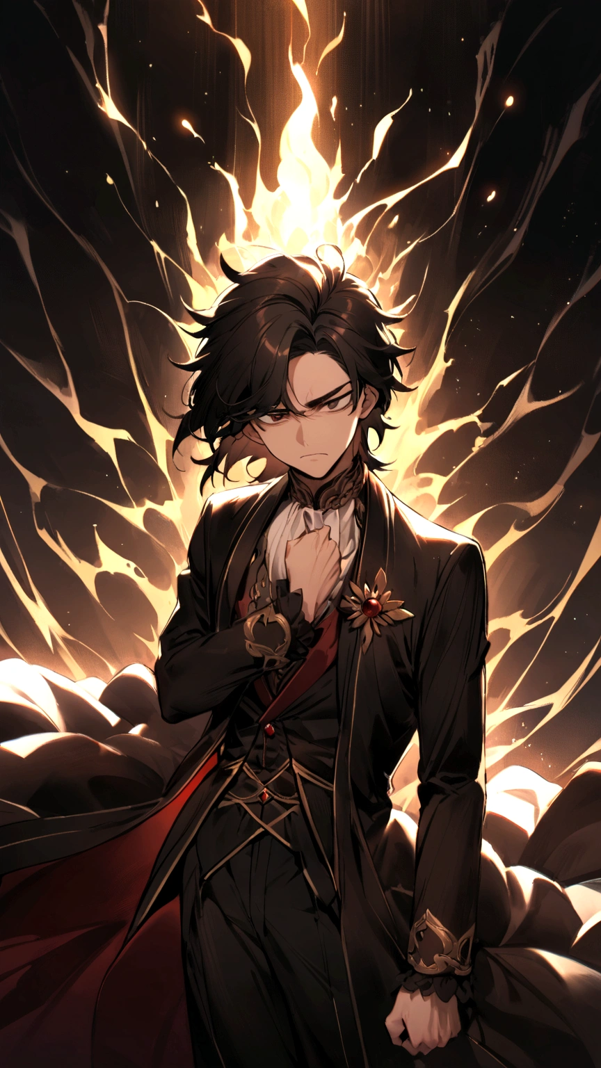 mysterious man of about 25 years old, with shaggy black hair that falls over his forehead. His eyes are deep brown and have an enigmatic glow.. He has a square jaw and a serious expression., who hides his emotions.
His height is average, But he has an athletic stance and confident bearing. He usually wears dark, elegant clothes, which gives it an aura of mystery.