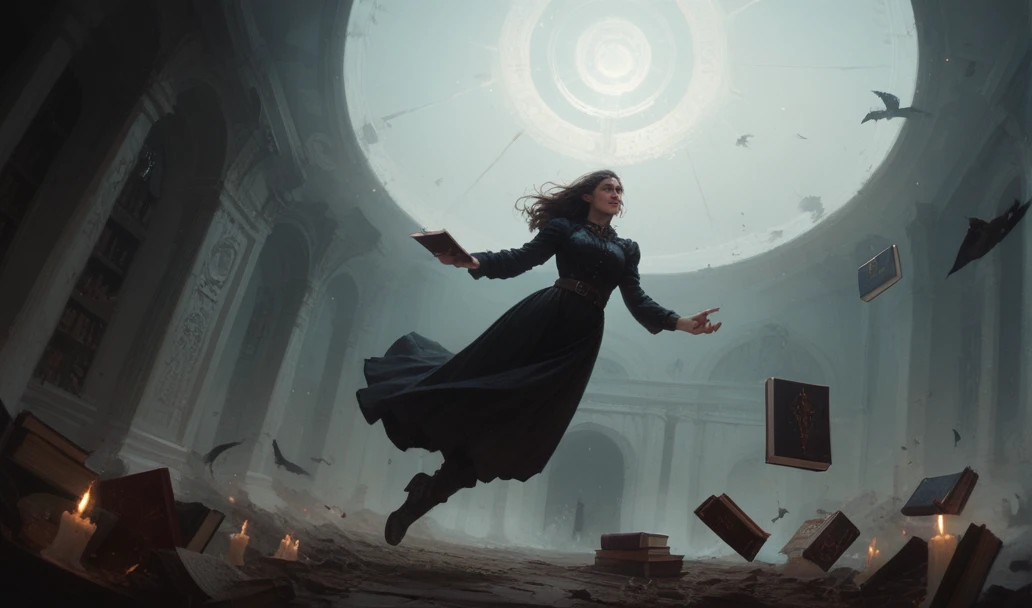 A black book of witchcraft floating in the air , and 3d