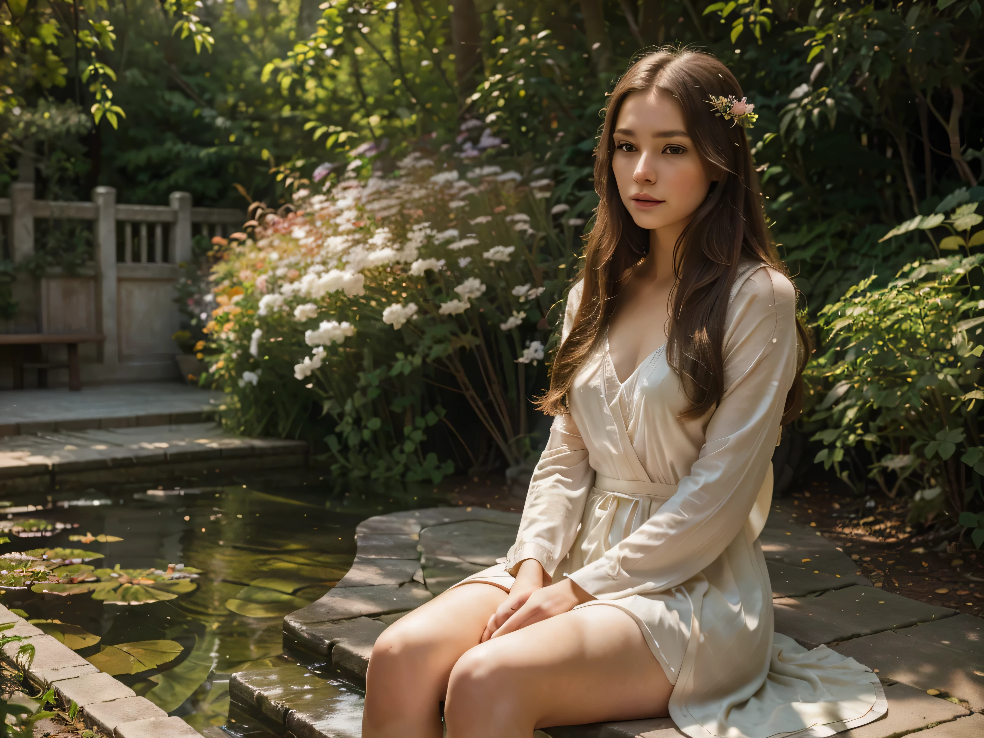 a beautiful young girl, 1girl, elegant, delicate, porcelain skin, long flowing hair, detailed eyes, long eyelashes, beautiful lips, serene expression, sitting in a lush garden, surrounded by vibrant flowers, sunlight filtering through the trees, (best quality,4k,8k,highres,masterpiece:1.2),ultra-detailed,(realistic,photorealistic,photo-realistic:1.37),intricate details,warm color palette,soft lighting,cinematic composition,highly detailed portrait,delicate facial features,graceful posture,tranquil atmosphere,natural scenery