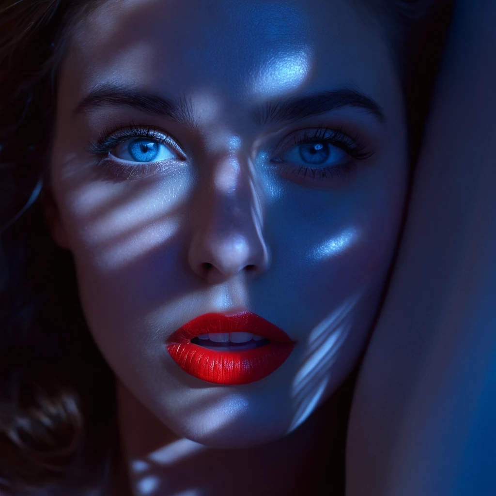 breathtaking, From above, A cucoloris pattern lighting casting a window shadow on a red-lipped woman lying in bed with her head resting on her hands,1 girl,standing alone,blue colored eyes,lying,parted lips,in back,blurry,realisitic,cinematic,film,cinematographic,casting shadow,venetian blinds casting shadow light,sombra no rosto,face partially covered by shadow,different shadow,window casting shadow light,cinematrographic,detailded,detailded background,detailded face,high qualiy,8K,hood,kookaloris,cookaloris ou cucalorus,light modifier,different light pattern,creative light,single shadow , casting shadow style, awardwinning, proffesional, highly detailded