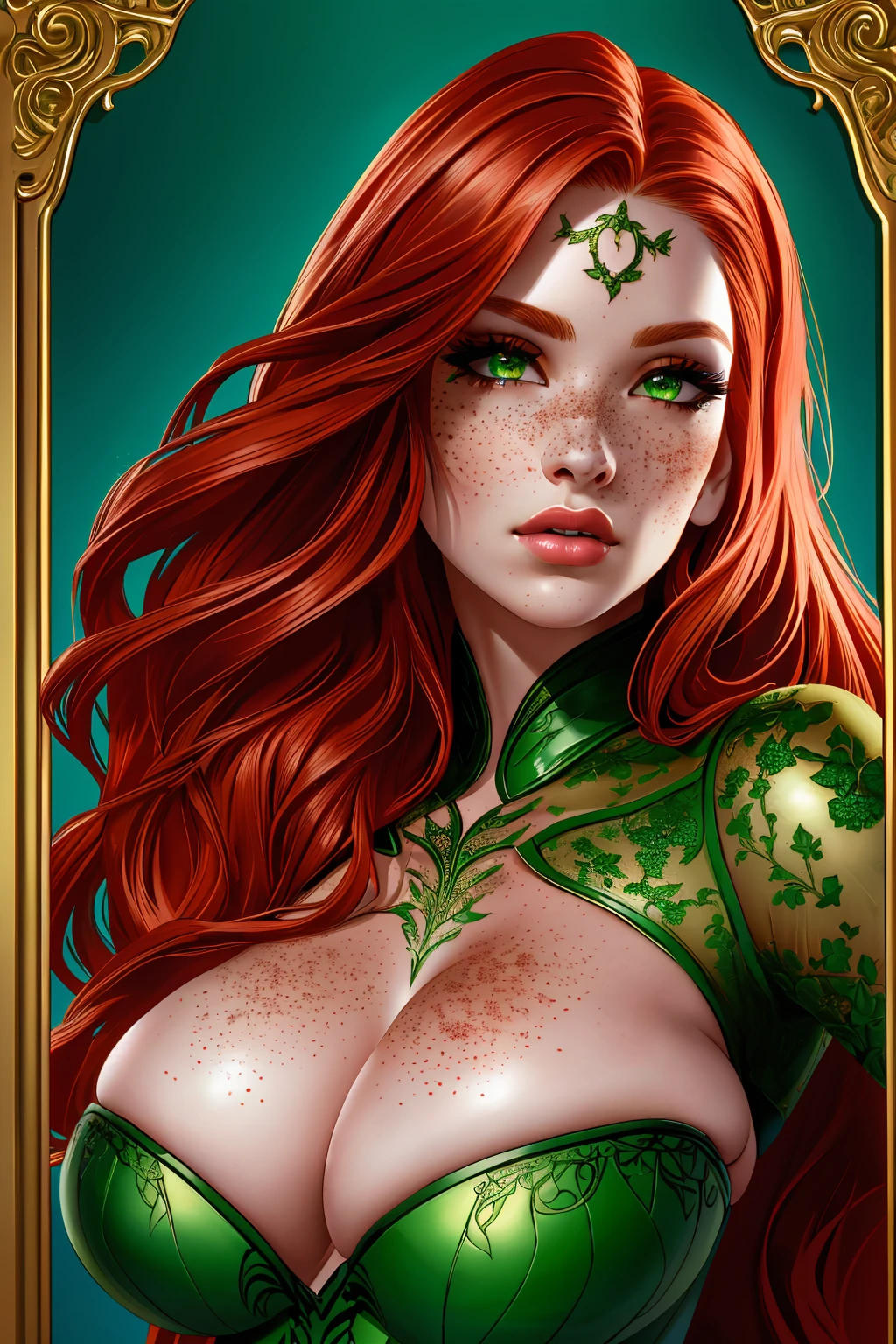 a woman with long crimson hair, intricate Green leather, beautiful detailed eyes, beautiful detailed lips, extremely detailed face, longeyelashes, elegant pose, graceful movement, breathtaking, detailed and realistic, oil painting, dramatic lighting, warm color palette, cinematic composition, masterpiece, 8k, high quality, poison ivy, freckles on breasts, freckles on face