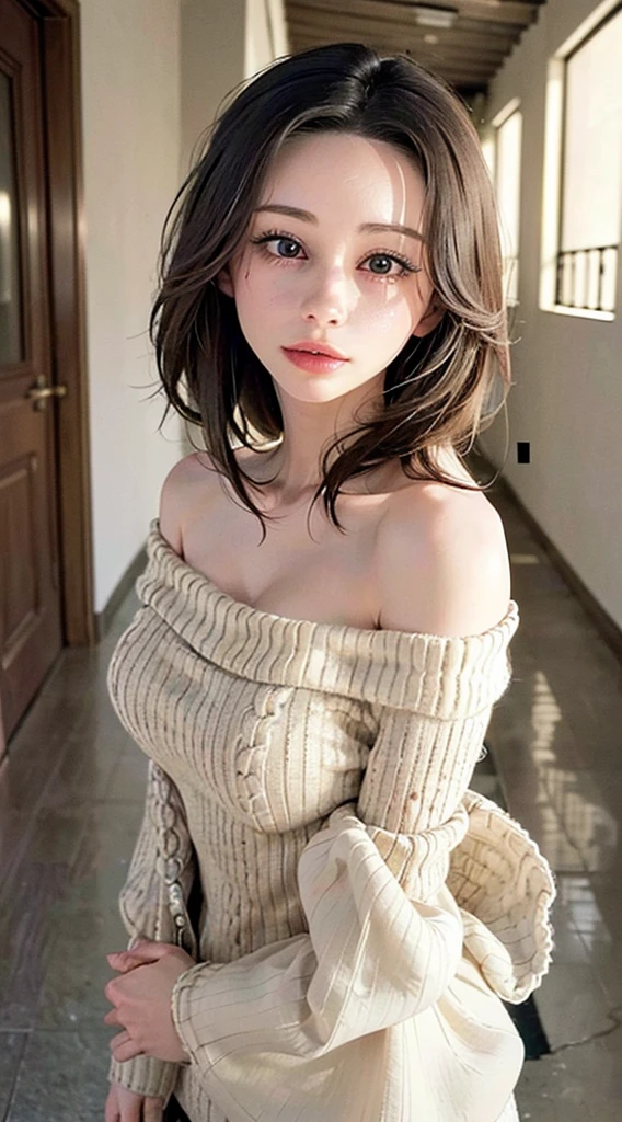 (((Highly detailed CG unit 8K wallpaper:1.2, masterpiece, High resolution:1.2, Highest quality:1.2, Tabletop))), ((Very beautiful woman, Off Shoulder Knit Sweater Dress:1.3、 Beautiful body line:1.6)), ((Highly detailed face, Highly detailed black eyes, Highly detailed body, Highest qualityのリアルテクスチャスキン)), (Black-haired:1.2, Long-haired person, White skin, smile), ((As if peering into a screen、Empty Alley, Mileland, Apartment hallway:1.2)), (Outdoor、Corridor outside the apartment、Dim lighting:1.5, night:1.5, High Angle:1.2, close, Fisheye Lens:1.4), Surreal, Digital Paint,