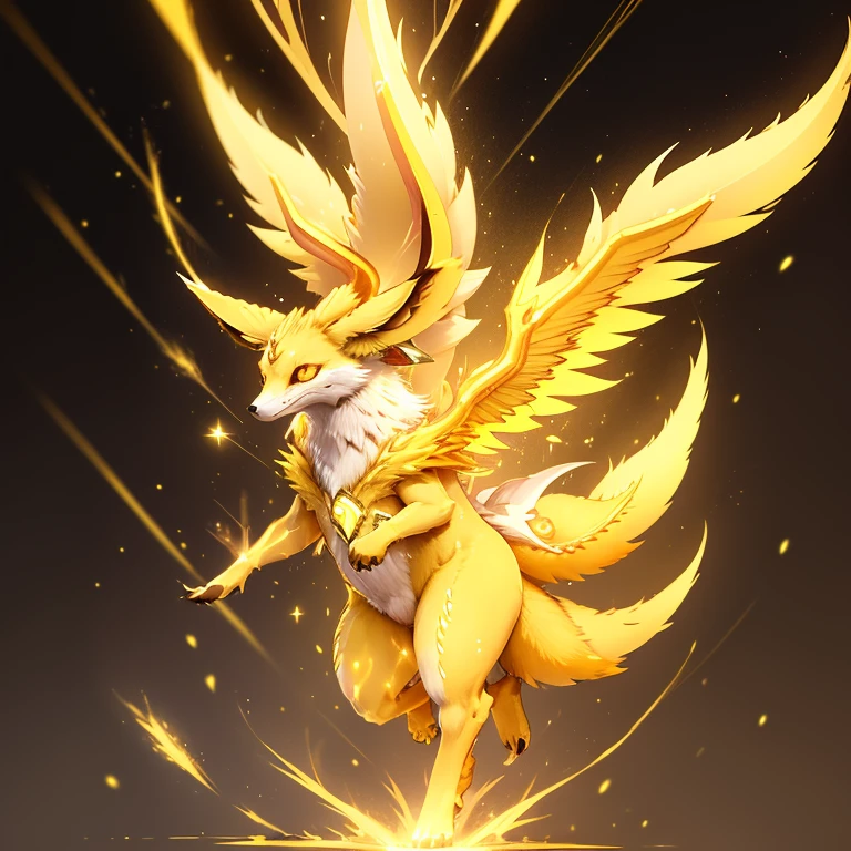 (1 fox) full body, a white eyed yellow carbuncle, a winged four pointy ears yellow carbuncle with yellow lightning, yellow spike feathers, yellow spike wings, yellow energy around, yellow thunderstorm background, yellow electricity