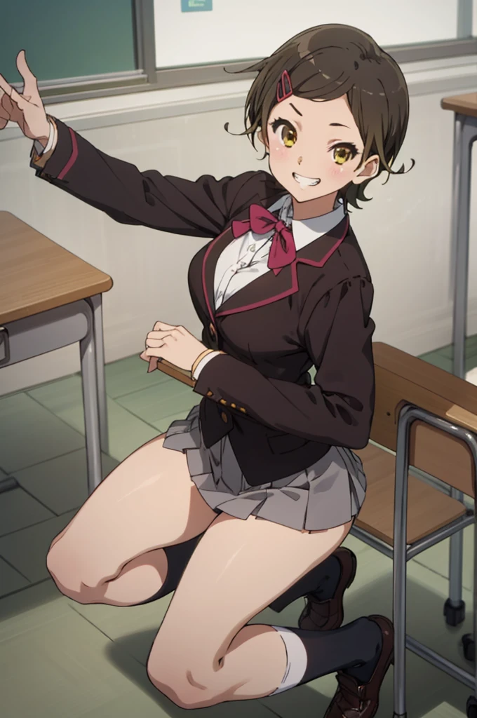 solo, 1girl, , hazuki katou,.,looking viewer ,grin,medium breasts,classroom,blazer,miniskirt,socks,(panties,)