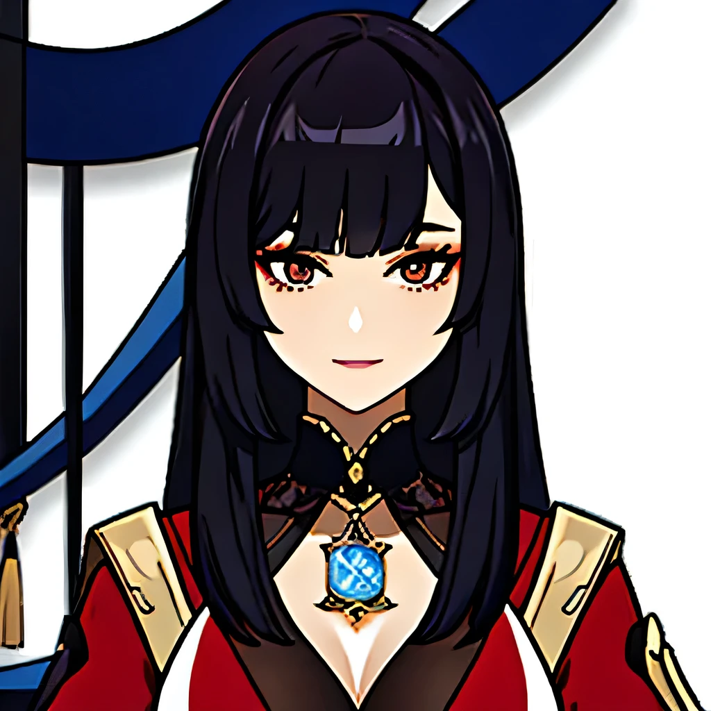 [a gorgeous, mature woman with a seductive smile and parted lips against a white background. She has sharp eyelashes, eyes browns, and long black hair with bangs. His figure is voluptuous, with a narrow waist, Broad Hips, and huge breasts. The image has an impact, Genshin-inspired style, rendered in high detail and HDR quality as a stunning work of art.