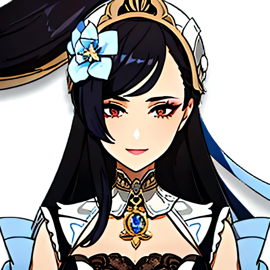 [a gorgeous, mature woman with a seductive smile and parted lips against a white background. She has sharp eyelashes, eyes browns, and long black hair with bangs. His figure is voluptuous, with a narrow waist, Broad Hips, and huge breasts. The image has an impact, Genshin-inspired style, rendered in high detail and HDR quality as a stunning work of art.