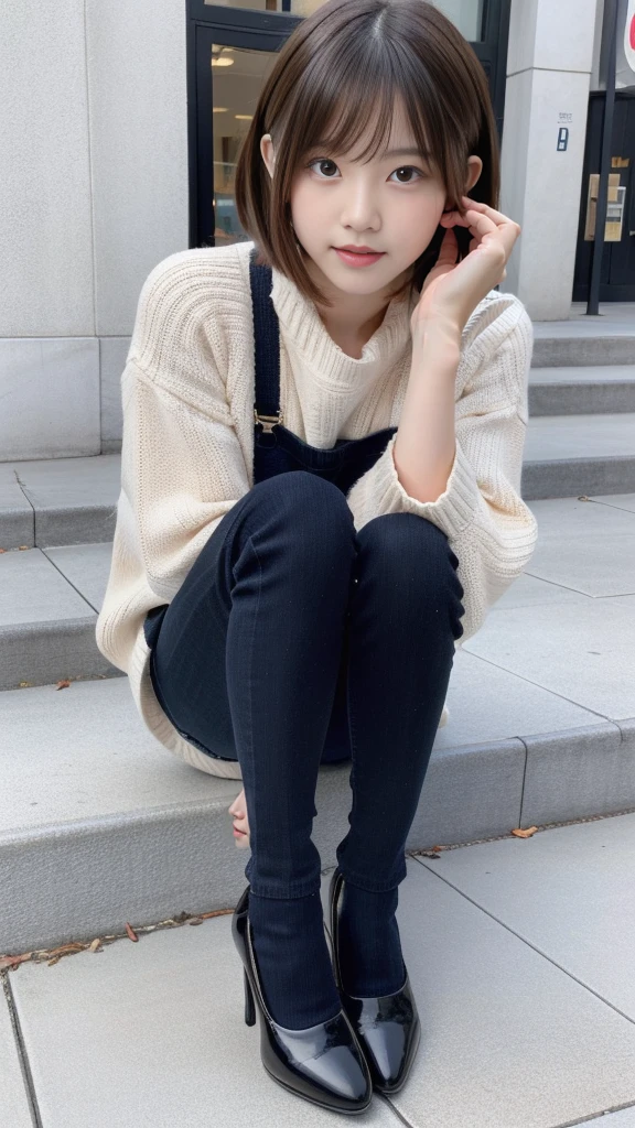 Photo taken by a professional photographer,Close-up of a woman squatting on the sidewalk with her legs crossed, kiko mizuhara, wearing a sweater, Shirahime cut brown hair, wearing a sweater, young and cute girl, japanese model, 白いwearing a sweater, Chiho, ランダムカラーのカジュアルなwearing a sweater,Cute ide waves with short hair, a cute young woman, cute young woman, black pantyhose,black tights,black high heels,