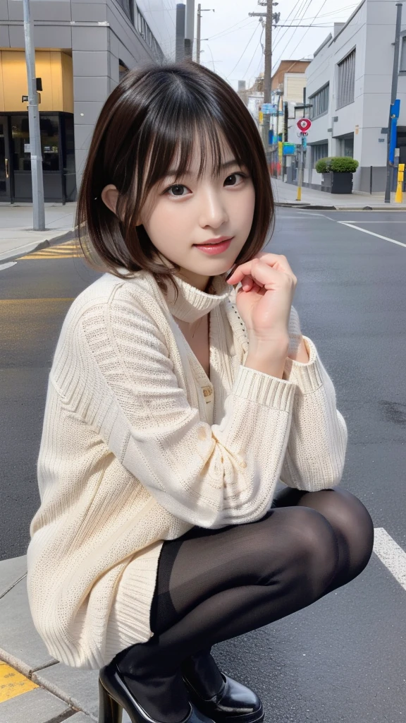 Photo taken by a professional photographer,Close-up of a woman squatting on the sidewalk with her legs crossed, kiko mizuhara, wearing a sweater, Shirahime cut brown hair, wearing a sweater, young and cute girl, japanese model, 白いwearing a sweater, Chiho, ランダムカラーのカジュアルなwearing a sweater,Cute ide waves with short hair, a cute young woman, cute young woman, black pantyhose,black tights,black high heels,