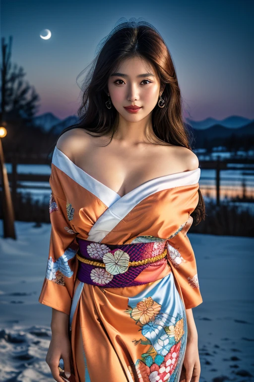 (a gorgeous japanese lady, Age 18, wearing a silk colourful kimono, posing under snowy night sky, soft natural moonlight shines on her slender figure with fair skin, beautiful detailed face, detailed eyes, aegyo dimples, lips, Snaggle-tooth, unbelievable figure, ample round bosom, Peerless Beauty, charisma,(best quality,8K,highres,masterpiece:1.2),ultra-detailed,(realistic,photorealistic,photo-realistic:1.37),HDR,uhd,vivid colors,studio lighting,extremely detailed,professional,bokeh night background)