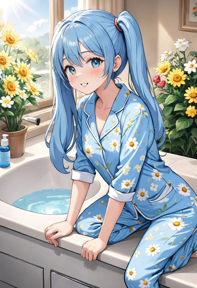 dentifrice　Have a toothbrush　Light blue long hair　beautiful girl with twin tails　Just woke up　Bright, Sunny wash basin　White floral pajamas、There are many flowers around　