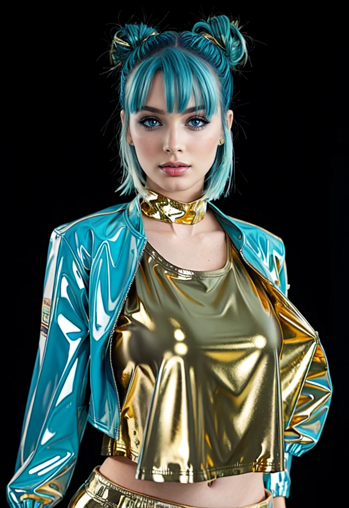 woman with cyan blue hair, duoble bun haircut, Cyan blue latex crop jacket, gold shirt