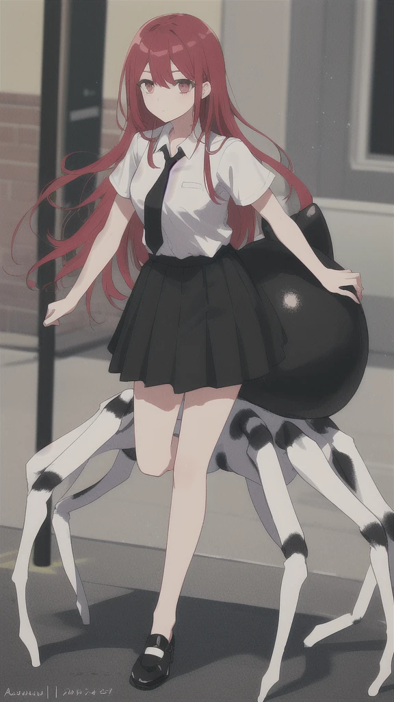 ((best quality)), ((highly detailed)), absurdres, (detailed eyes).1girl,20 years old,solo,long hair,red hair,(white shirt,short sleeves,black standart tie,black skirt),full body, university entrance,white arachne,