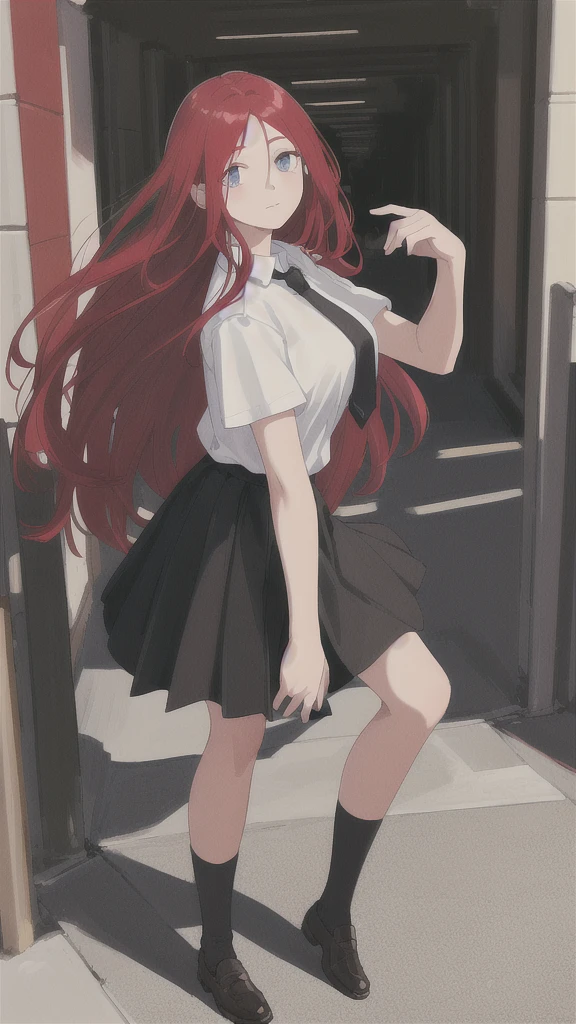 ((best quality)), ((highly detailed)), absurdres, (detailed eyes).1girl,20 years old,solo,long hair,red hair,(white shirt,short sleeves,black standart tie,black skirt),full body, university entrance,white arachne,