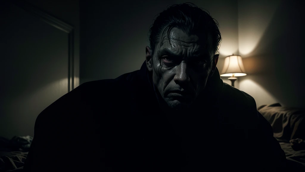 a scary-looking man with a completely shadowy and dark face, sitting on a bed in a dark room, hyper-realistic, highly detailed, cinematic lighting, dark moody atmosphere, chiaroscuro, dramatic shadows, horror genre