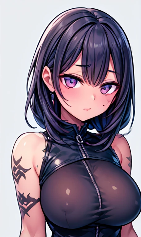 highest quallity, clean and well-groomed face, clearing, bright glowing eyes, long eyelashes, Punk Girl, aretes, breasts big, body tattoo, leather shorts,