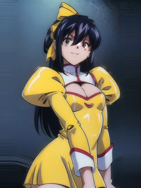 masterpiece, best quality, 1girl, looking at viewer, ultra detailed, black hair, brown eyes, bangs, long hair, hair ribbon, simple background , long sleeves, dress,  puffy sleeves,  uniform, cleavage cutout, juliet sleeves, half updo, yellow dress, cowboy shot, smile, tease