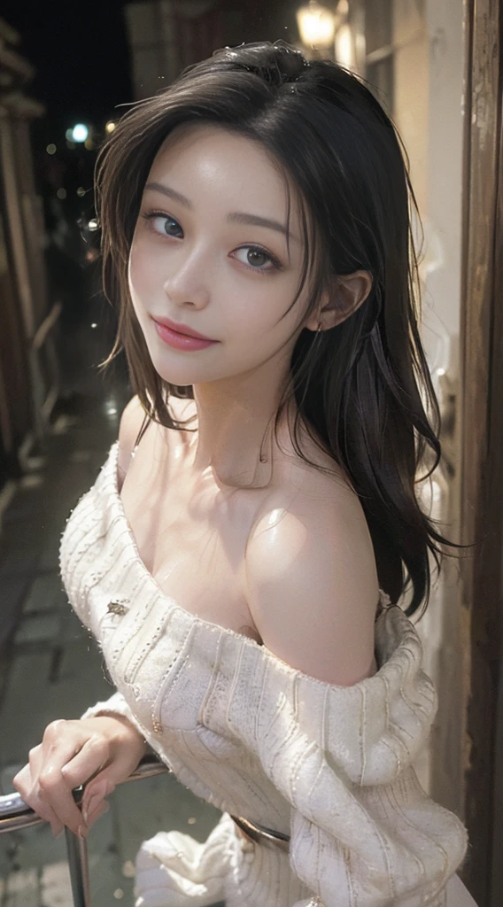 (((Highly detailed CG unit 8K wallpaper:1.2, masterpiece, High resolution:1.2, Highest quality:1.2, Tabletop))), ((Very beautiful woman, Off Shoulder Knit Sweater Dress:1.3、 Beautiful body line:1.6)), ((Highly detailed face, Highly detailed black eyes, Highly detailed body, Highest qualityのリアルテクスチャスキン)), (Black-haired:1.2, Long-haired person, White skin, smile), ((As if peering into a screen、Empty Alley, Mileland, Apartment hallway:1.2)), (Outdoor、Corridor outside the apartment、Dim lighting:1.5, night:1.5, High Angle:1.2, close, Fisheye Lens:1.4), Surreal, Digital Paint,