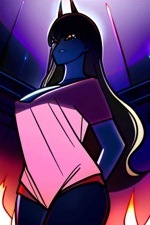 A Power, wearing a pink blouse , and a pair of crimson-red short shorts