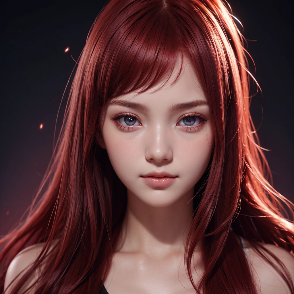 1girl, star eye, blush, perfect illumination, red hair, red eyes, unreal engine, sidelighting, detailed face, bangs, bright skin, simple background, dark background, 