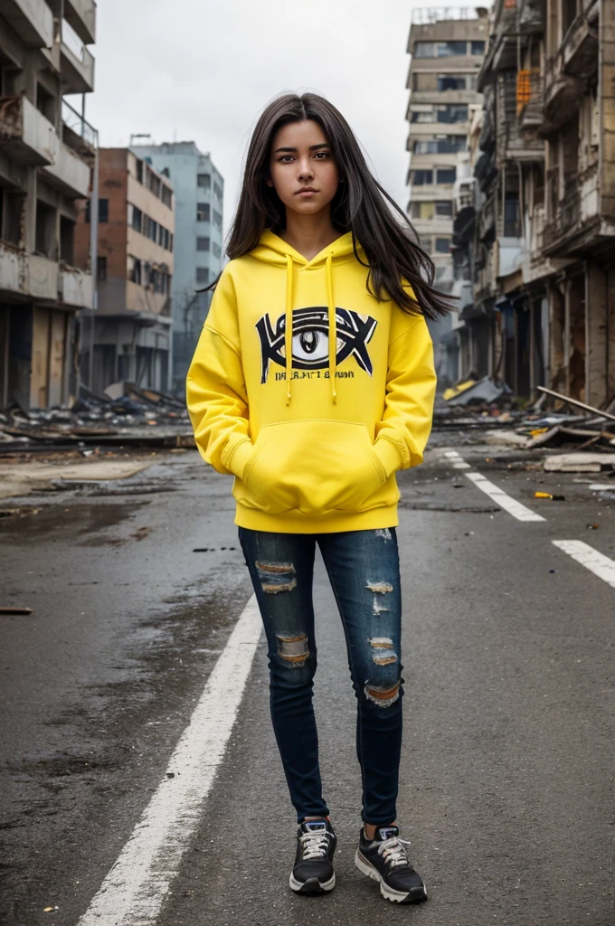 A beautiful, 18-year-old, ((dark-haired)), ((windswept hair)) ((ultra high quality)) ((4k UHD)) ((Best Quality)) ((Daytime)) 2d anime girl, with ((yellow glowing eyes)), wearing a white hoodie sweatshirt with the slogan "Lady Kaiju" in black letters and blood splattered on it and her face, standing in the street of a ruined city filled with dilapidated tall buildings and crushed vehicles and small fires all around and an ((angry)) ((Intimidating)) expression, standing on a giant monstrous footprint in the ground.