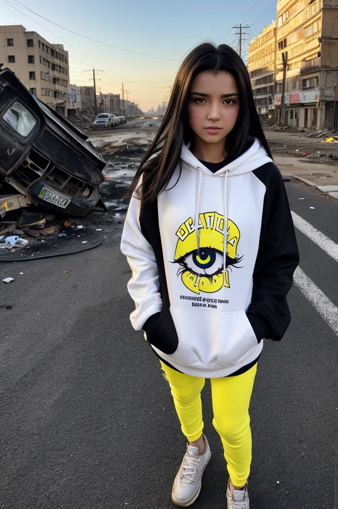 A beautiful, 18-year-old, ((dark-haired)), ((windswept hair)) ((ultra high quality)) ((4k UHD)) ((Best Quality)) ((Daytime)) 2d anime girl, with ((yellow glowing eyes)), wearing a white hoodie sweatshirt with the slogan "Lady Kaiju" in black letters and blood splattered on it and her face, standing in the street of a ruined city filled with dilapidated tall buildings and crushed vehicles and small fires all around and an ((angry)) ((Intimidating)) expression, standing on a giant monstrous footprint in the ground.