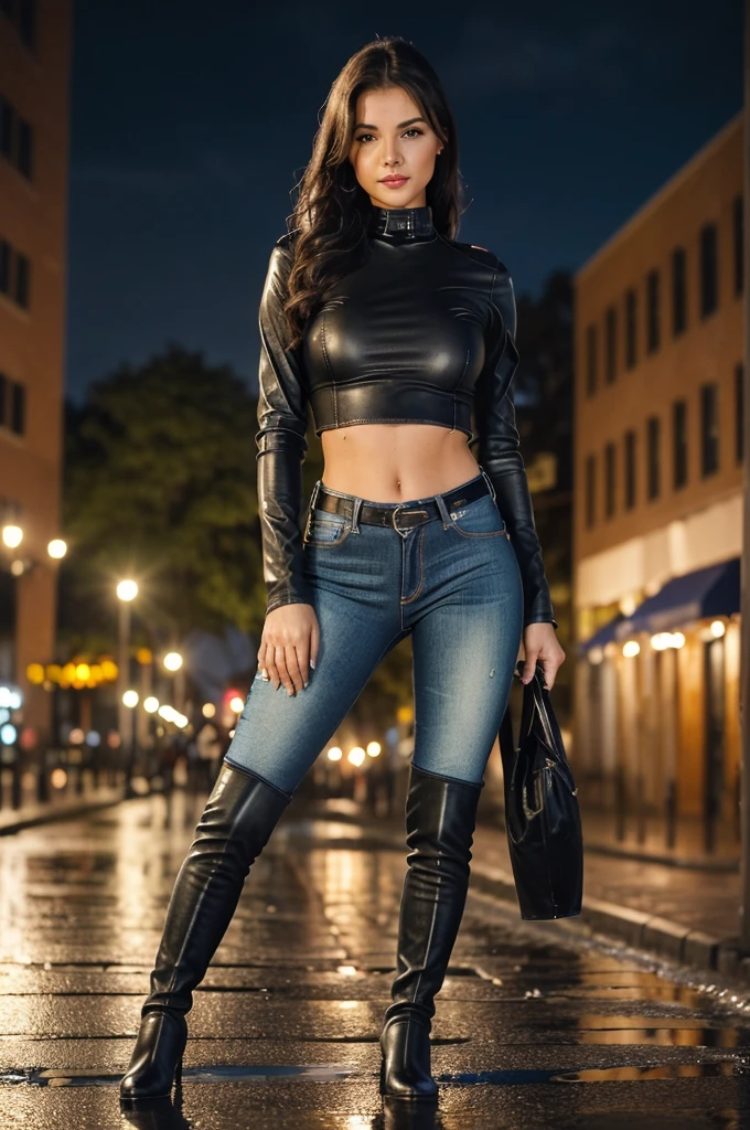 highres, beautiful women, high detail, good lighting, lewd, hentai, (no nudity), (((jeans))), ((tight leather top)), (((leather thigh high boots))), bare midriff, ((wet crotch)), (((peeing herself))), (((wetting herself))), ((((peeing self))), (pee streaming down legs), peeing stain, (puddle), (thick thighs), nice long legs, lipstick, detailed face, pretty face, embarrassed blushing face, humiliated, ((professinal model poses on sidewalk at night)), hihelz