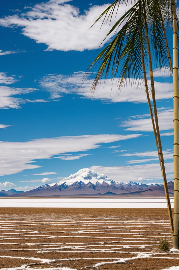 A strip of the Bolivian flag surrounding a beautiful and large Bamboo on the crystalline Uyuni salt flat with magic.