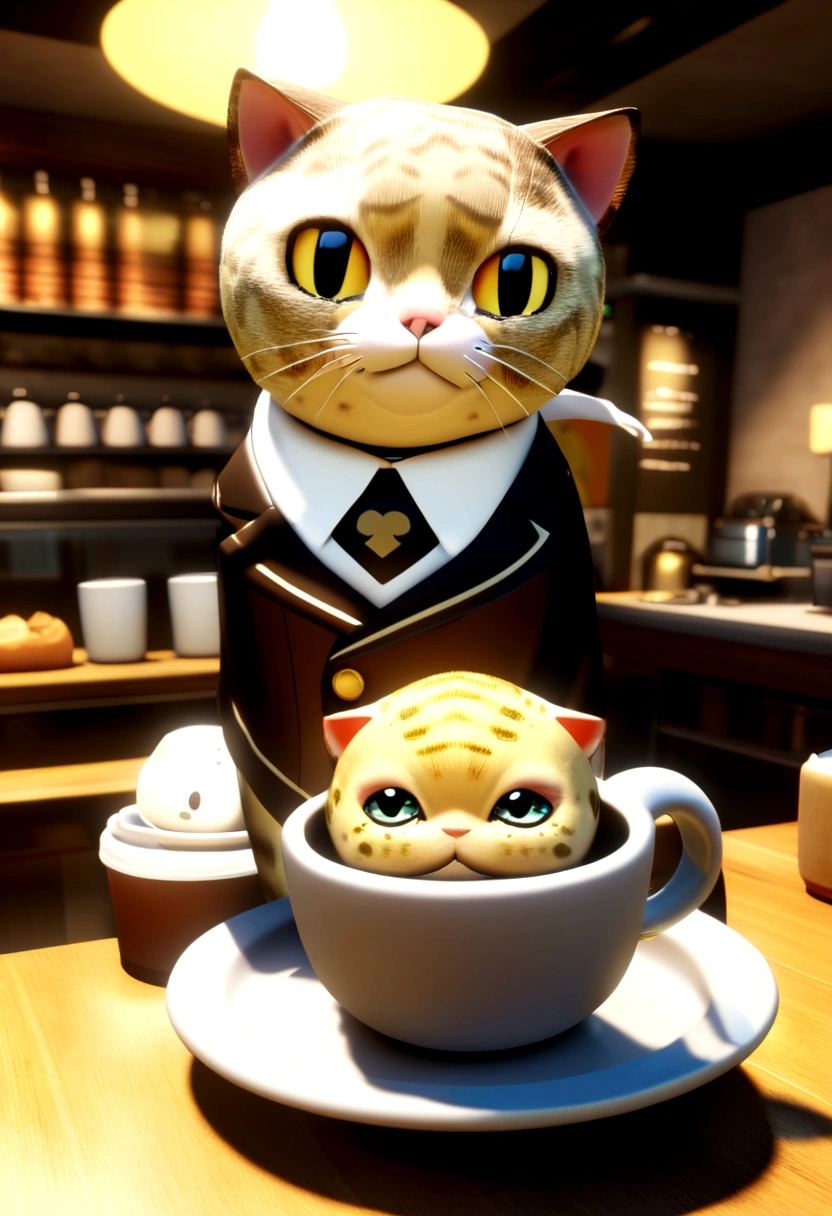 Scottish Fold cat, Smiling, Cafe uniform(With apron), Tray and cup, Cafes in the city, wrapped in warm light, Inside the cafe, Daytime, 3D Pixar Character Style, Cats in the cafe(No humans)