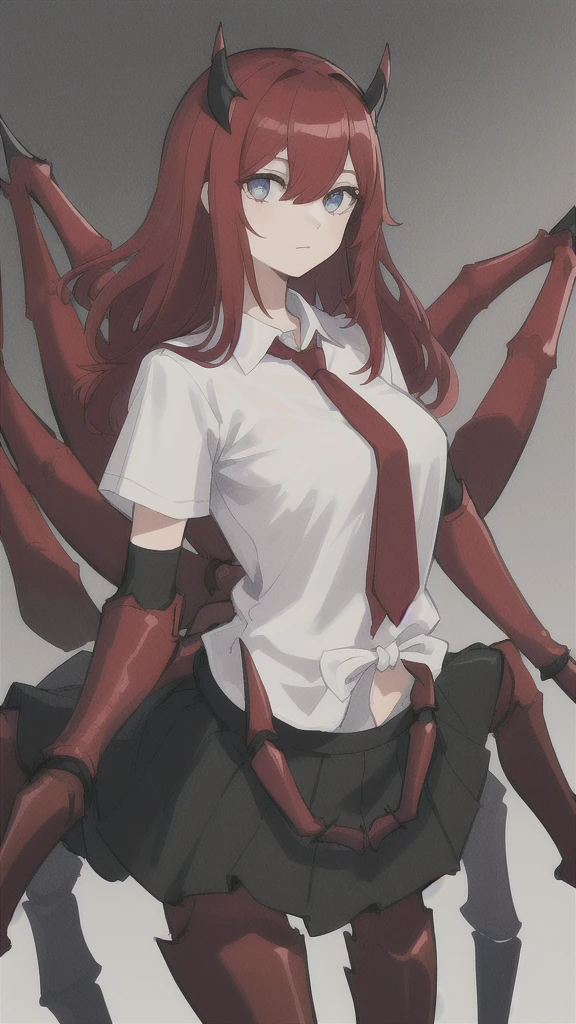 ((best quality)), ((highly detailed)), absurdres, (detailed eyes).1girl,20 years old,solo,long hair,red hair,(white shirt,short sleeves,black standart tie,black skirt),full body, university entrance, spider, spider legs, lolth spider queen, carapace lower body, thorax, anthropomorphic female, human upper body