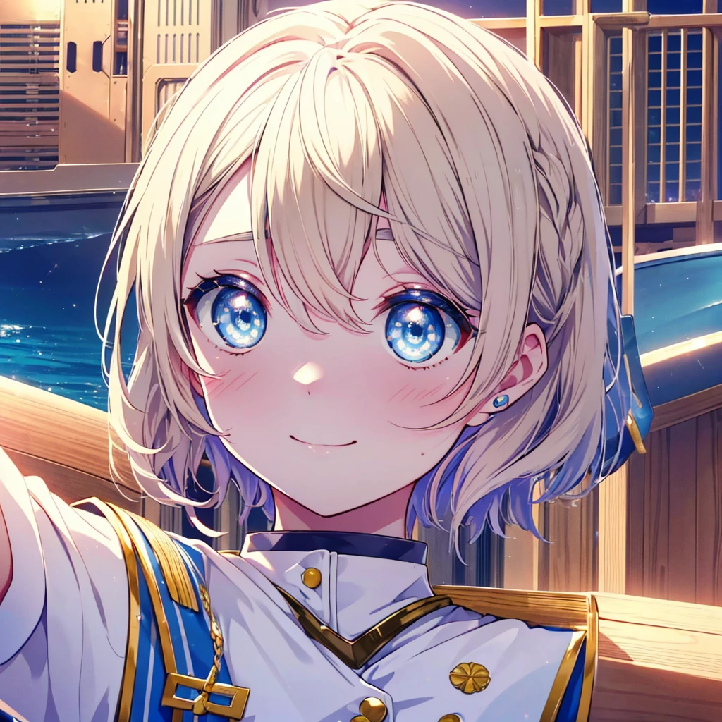 rikosakurauchi, riko sakurauchi, (blue eyes:1.5), hair between eyes, short hair, (light brown hair), (Medium chest:1.2), smile,(((Captain's white uniform))), (((Captain's Cap Ship White))), (clothing details:1.2), Ocean, cloud, Blue sky, smile, Inside a passenger ship,I'm sitting cross-legged in the director's seat.,
break looking at viewer, whole body,
break indoors, Inside a passenger ship,
break (masterpiece:1.2), highest quality, High resolution, unity 8k wallpaper, (figure:0.8), (detailed and beautiful eyes:1.6), highly detailed face, perfect lighting, Very detailed CG, (perfect hands, perfect anatomy),