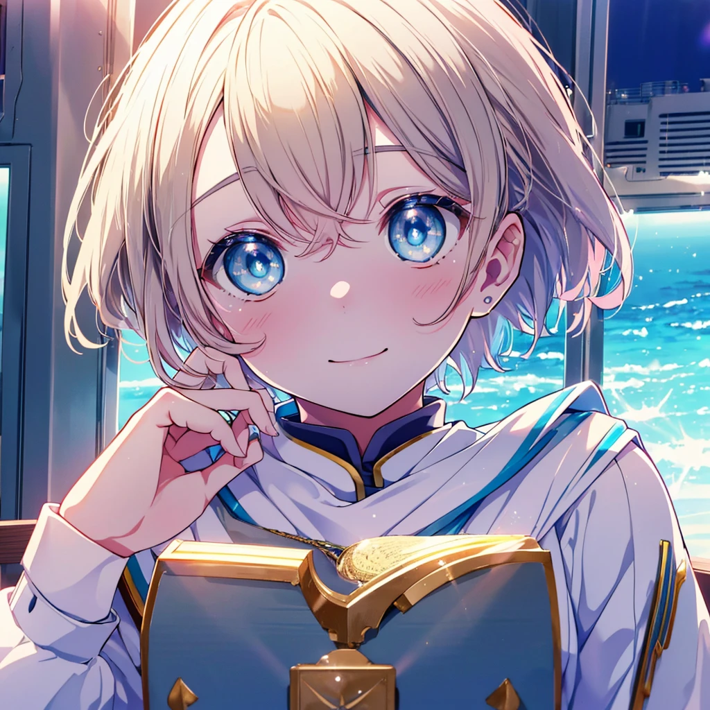 rikosakurauchi, riko sakurauchi, (blue eyes:1.5), hair between eyes, short hair, (light brown hair), (Medium chest:1.2), smile,(((Captain's white uniform))), (((Captain's Cap Ship White))), (clothing details:1.2), Ocean, cloud, Blue sky, smile, Inside a passenger ship,I'm sitting cross-legged in the director's seat.,
break looking at viewer, whole body,
break indoors, Inside a passenger ship,
break (masterpiece:1.2), highest quality, High resolution, unity 8k wallpaper, (figure:0.8), (detailed and beautiful eyes:1.6), highly detailed face, perfect lighting, Very detailed CG, (perfect hands, perfect anatomy),
