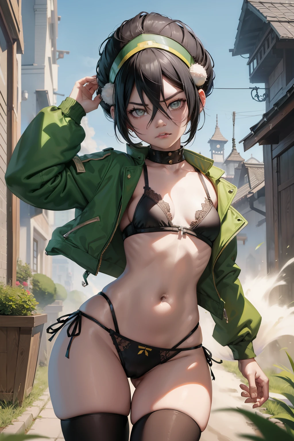 Toph beifong  ,1girl , anime , masterpiece  , Black hair,green jaqueta aberta open clothes ,toph beifong , Angry face , solo, **** body, gren jacket, open clothes, bra , flat chest ,pantie ,long  socks , looking at viewer .