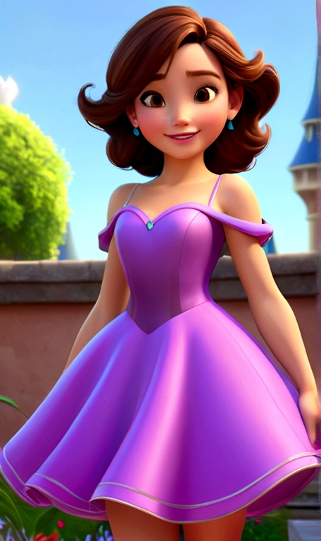 Generate a 3D model of a Disney character with brown hair and brown eyes, wearing neon dress, radiant and happy. The model must be detailed enough to support 16K resolution, capturing the character&#39;its joyful and vibrant essence.