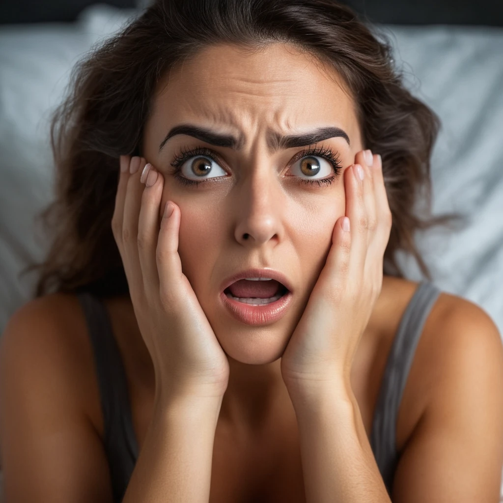 "Create a high-resolution image of a real woman, waking up very scared, with hands on face. Her expression should show surprise and fear, with eyes wide open and eyebrows raised. Lighting should be soft, highlighting your features and capturing the intensity of the moment."