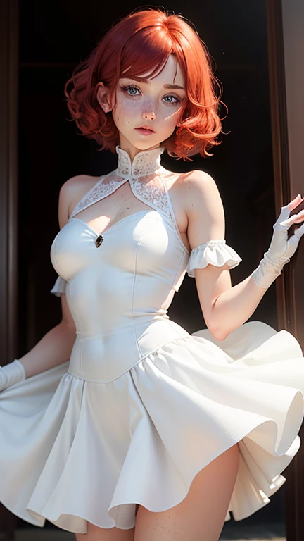 A 30-year-old woman, red hair, blue eyes, freckles on face, wavy shag haircut, wearing a white puffy skirt dress, white long gloves, small shoulders,, small waist, thick legs, wide hips, detailed face, slim body, detailed clothes, looking at the viewer, posing bewildered