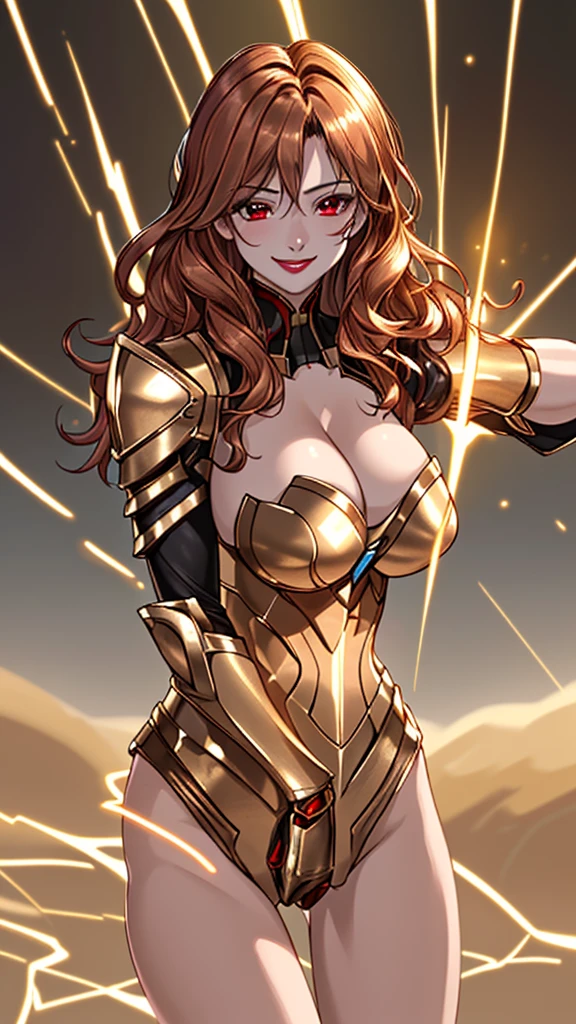 Highest image quality，Outstanding details，Ultra-high resolution，4K image, assembly, best quality, masterpiece, movie lighting ，Sexy，Huge breasts，cleavage，in combat operations，The flash of light in the hand，Golden lightning surrounds，red wavy hair，Red eyes，Lipstick，Gold Armor，Amot hardware has cracks，Smile