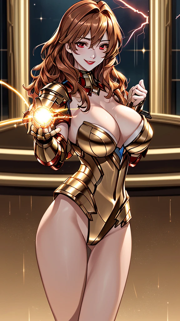 Highest image quality,Outstanding details,Ultra-high resolution,4K image, assembly, best quality, masterpiece, movie lighting ,Sexy,Huge breasts,cleavage,in combat operations,The flash of light in the hand,Golden lightning surrounds,red wavy hair,Red eyes,Lipstick,Gold Armor,Amot hardware has cracks,Smile