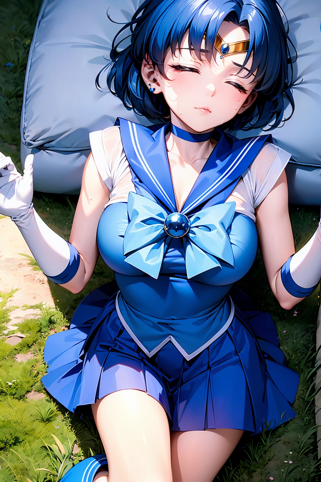 masterpiece, Highest quality, High resolution, Realistic, Show more1, tiara, Sailor Warrior Uniforms, Blue Skirt, Blue sailor collar, tiara, bow, Knee Boots, choker, White gloves, ((blue choker)), elbow gloves, jewelry, Earrings, Pleated skirt, Deep blue hair, lying on bed, Angle from below, ((Spreading pussy:1.3)), (Showing nipples:1.3), spread legs