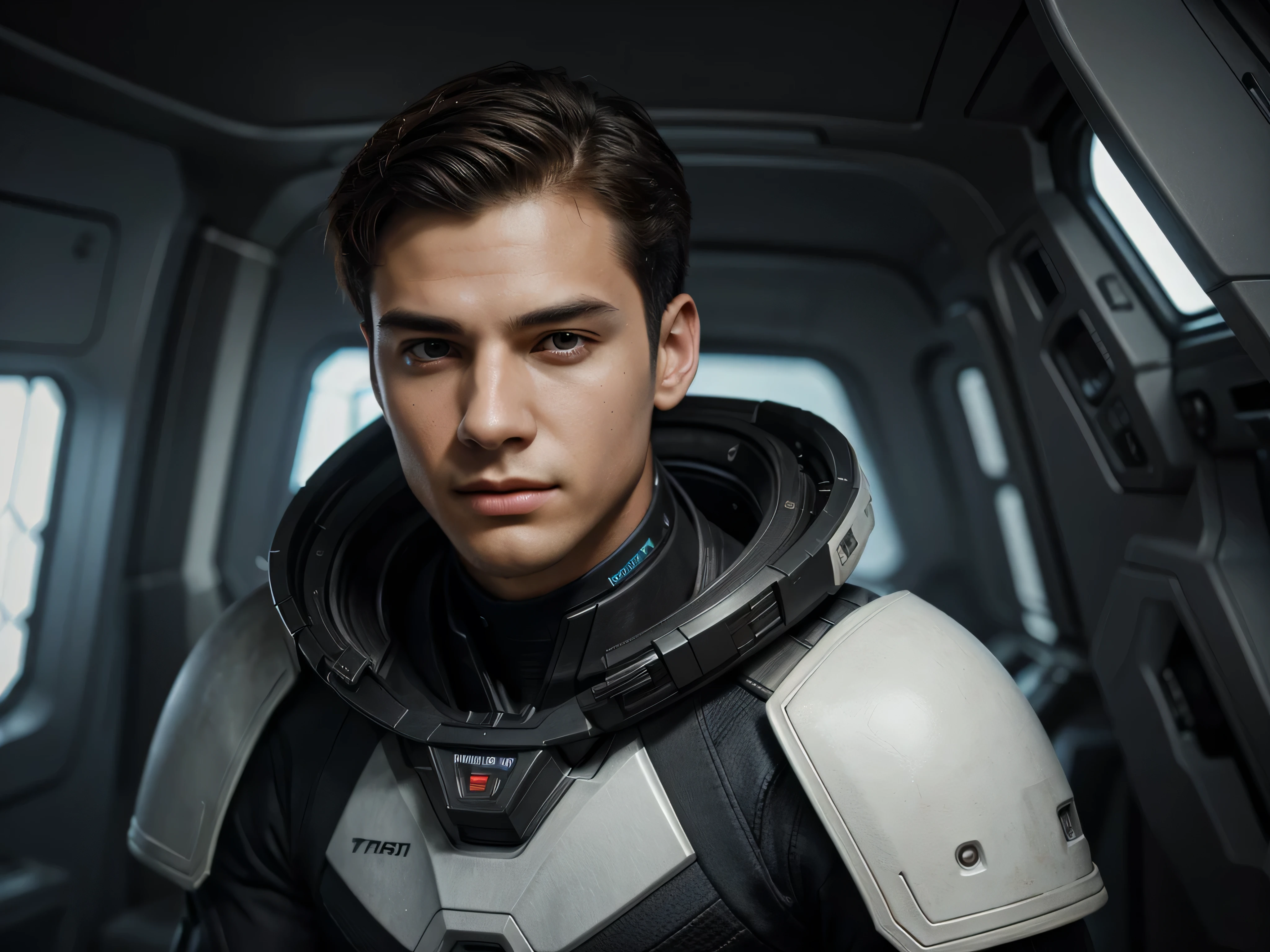 masterpiece, best quality, realistic, ultra detailed, sfw, head shot, a portrait of a young man, starsector, sci-fi style suits, hight-tech gadgets, head facing right,