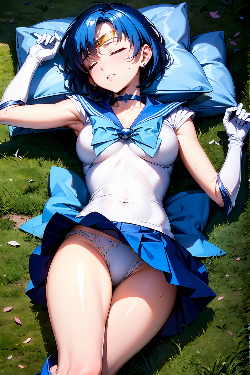 {{Sailor Mercury}}14Year so beautiful, ((Very small breasts)) Highest quality, Realistic, Complex, Overall Details Blue Hair, Magical girl, 目 are blue, Blue Skirt, Cute white panties 白い肘までの長さの手袋, tiara, Pleated skirt ,Blue long boots Light Blue Sailor Necklace, mini skirt, choker, blue choker, White gloves Cute white panties Realistic park ((On the grass)) Raise your arms Spread your legs Sloppy posture nap ((((Close ~ eyes)))))) (((sleeping face))) Beautiful armpits Armpit sweat Blushing