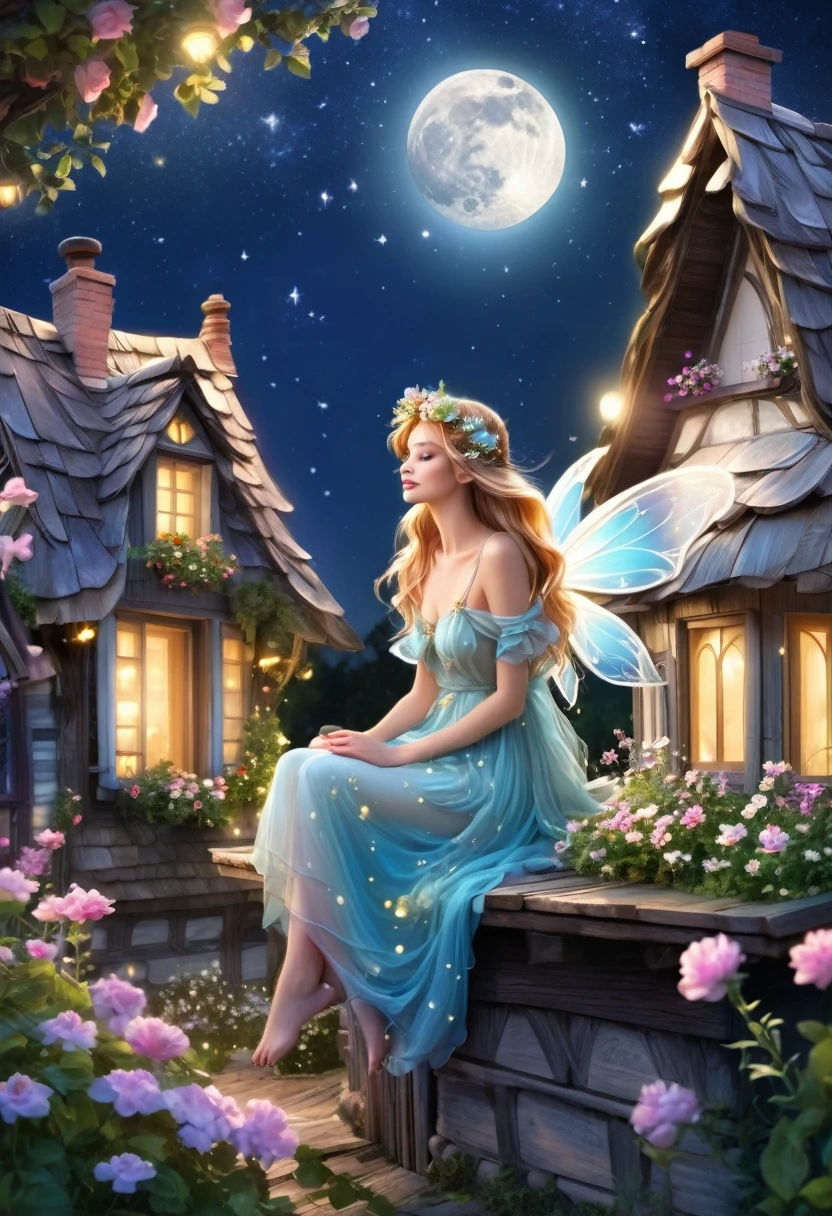 Beautiful fairy gracefully sitting on the roof of a beautiful and cozy cottage, looking at the sky,many flowers, beautiful moon 