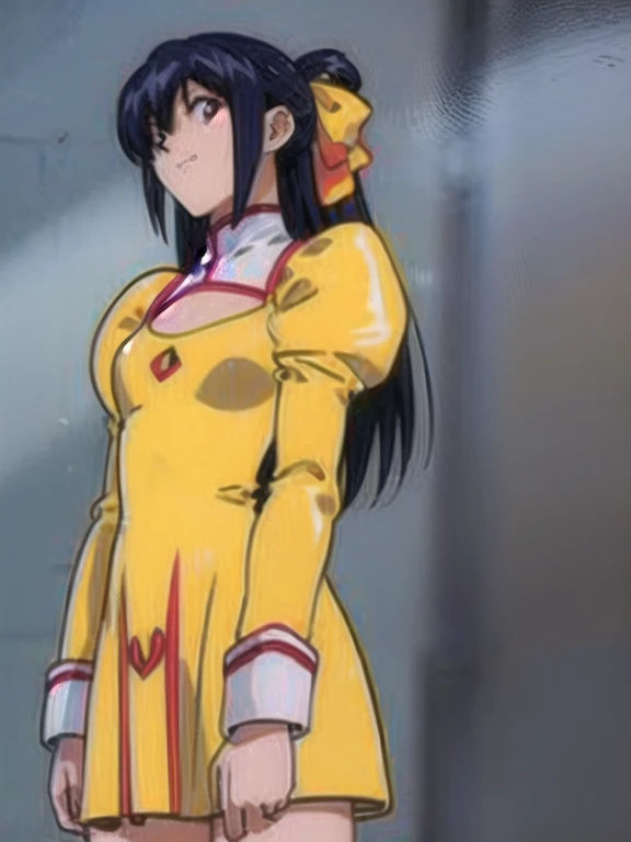 masterpiece, best quality, 1girl, looking at viewer, ultra detailed, black hair, brown eyes, bangs, long hair, hair ribbon, simple background , long sleeves, dress, puffy sleeves, uniform, cleavage cutout, juliet sleeves, half updo, yellow dress, cowboy shot, smile, tease