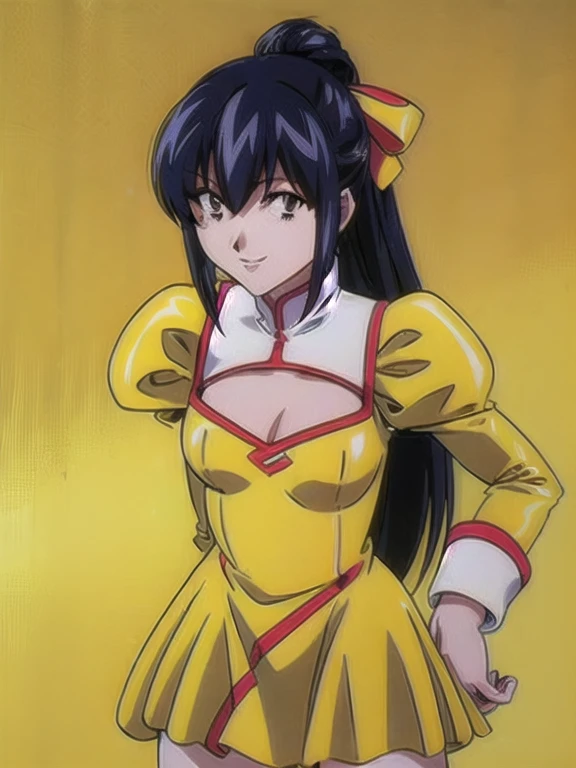 masterpiece, best quality, 1girl, looking at viewer, ultra detailed, black hair, brown eyes, bangs, long hair, hair ribbon, simple background , long sleeves, dress,  puffy sleeves,  uniform, cleavage cutout, juliet sleeves, half updo, yellow dress, cowboy shot, smile, tease