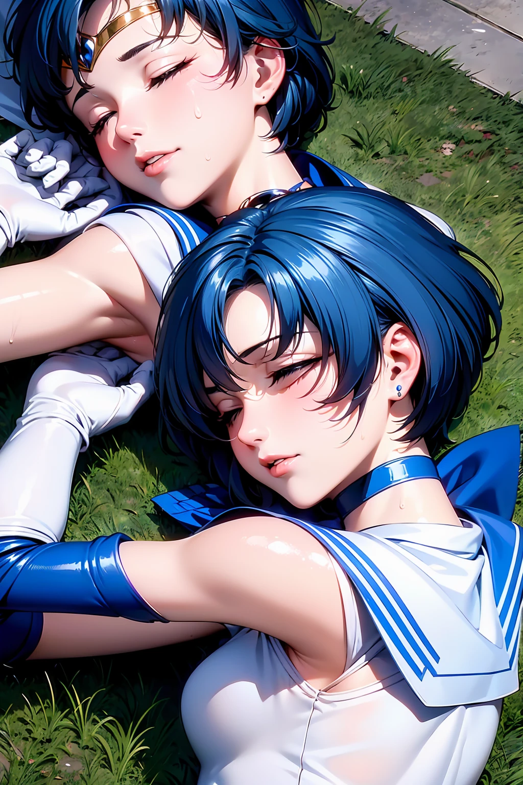 {{Sailor Mercury}}14Year so beautiful, ((Very small breasts)) Highest quality, Realistic, Complex, Overall Details Blue Hair, Magical girl, 目 are blue, Blue Skirt, Cute white panties 白い肘までの長さの手袋, tiara, Pleated skirt ,Blue long boots Light Blue Sailor Necklace, mini skirt, choker, blue choker, White gloves Cute white panties Realistic park ((On the grass)) Raise your arms Spread your legs Sloppy posture nap ((((Close ~ eyes)))))) (((sleeping face))) Beautiful armpits Armpit sweat Blushing